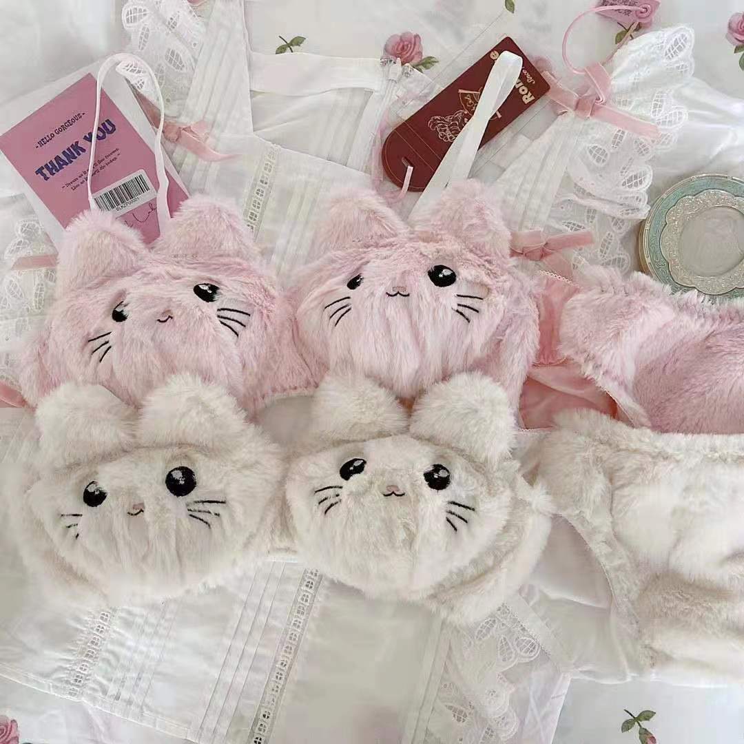 Luxurious White Cat Plush Bra Set, Soft Fur Bra and Panties, Seductive Women's Lingerie Underwear brief