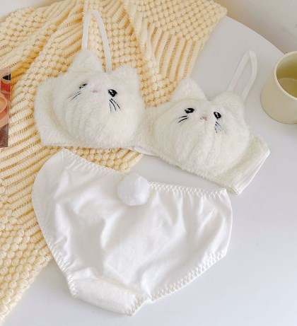 Luxurious White Cat Plush Bra Set, Soft Fur Bra and Panties, Seductive Women's Lingerie Underwear brief