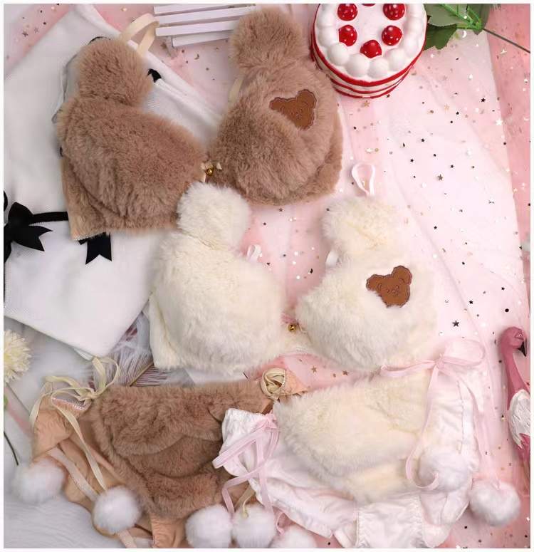 Luxurious Bear Heart Plush Bra Set, Soft Fur Bra and Panties, Seductive Women's Lingerie Underwear brief