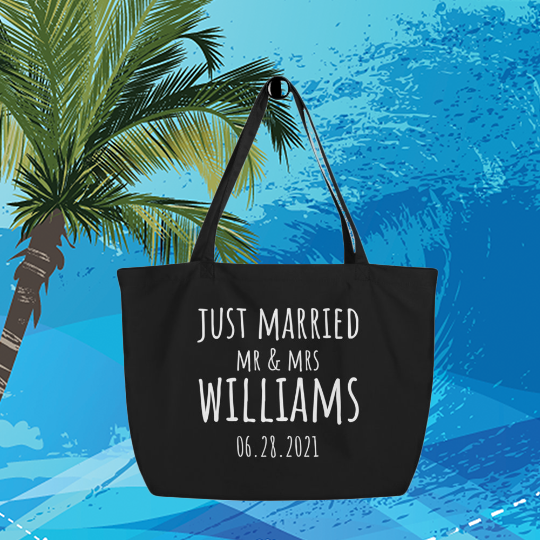 Just Married Custom Canvas Beach Tote Bag, Custom Vacation Newlyweds Tote Bag, Bridesmaid Gift, Pool Tote Bag
