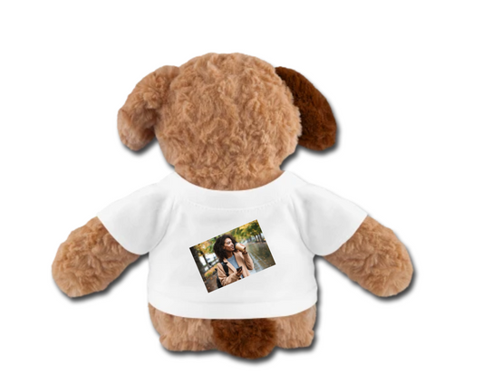personalized brown teddy dog, custom teddy bear, printed with personal image or text, welcoming baby gift, gift for her, gift for newborn