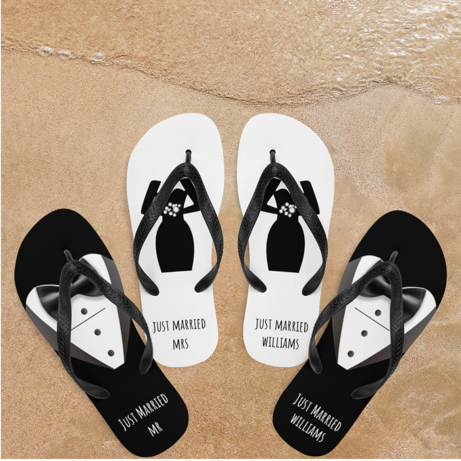 custom beach wedding flip flops, personalized groom bride bridesmaid flip flops, just married, bachelorette wedding, honeymoon flip flops