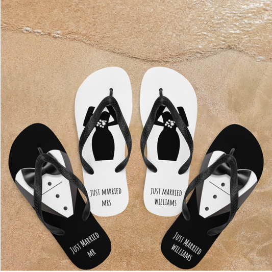 custom beach wedding flip flops, personalized groom bride bridesmaid flip flops, just married, bachelorette wedding, honeymoon flip flops