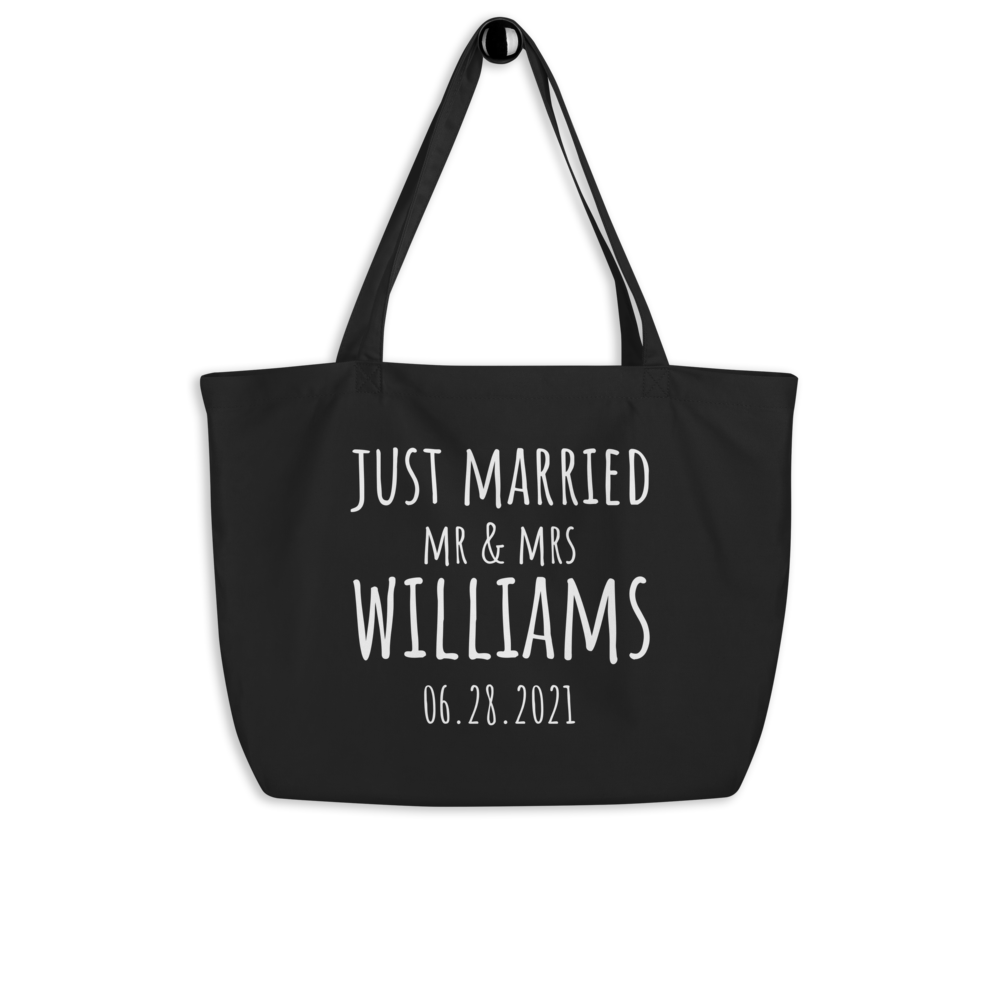 Just Married Custom Canvas Beach Tote Bag, Custom Vacation Newlyweds Tote Bag, Bridesmaid Gift, Pool Tote Bag