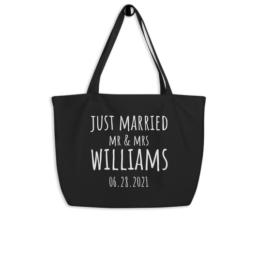 Just Married Personalized Canvas Beach Tote Bag, Custom Vacation Newlyweds Tote Bag, Bridesmaid Gift, Pool Tote Bag