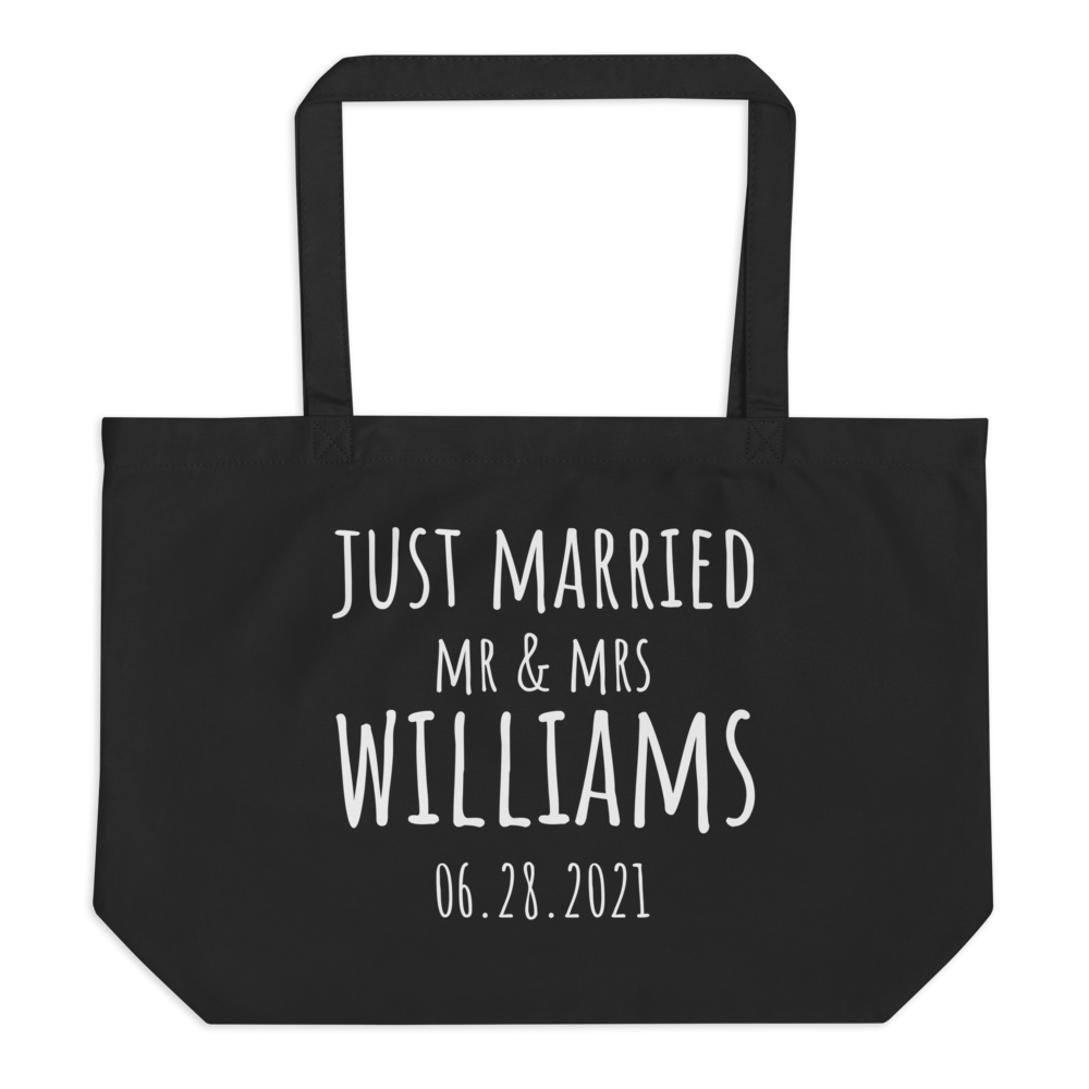 Just Married Custom Canvas Beach Tote Bag, Custom Vacation Newlyweds Tote Bag, Bridesmaid Gift, Pool Tote Bag