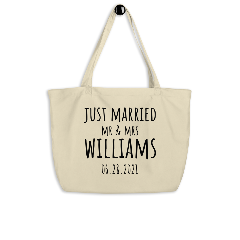 Just Married Custom Canvas Beach Tote Bag, Custom Vacation Newlyweds Tote Bag, Bridesmaid Gift, Pool Tote Bag