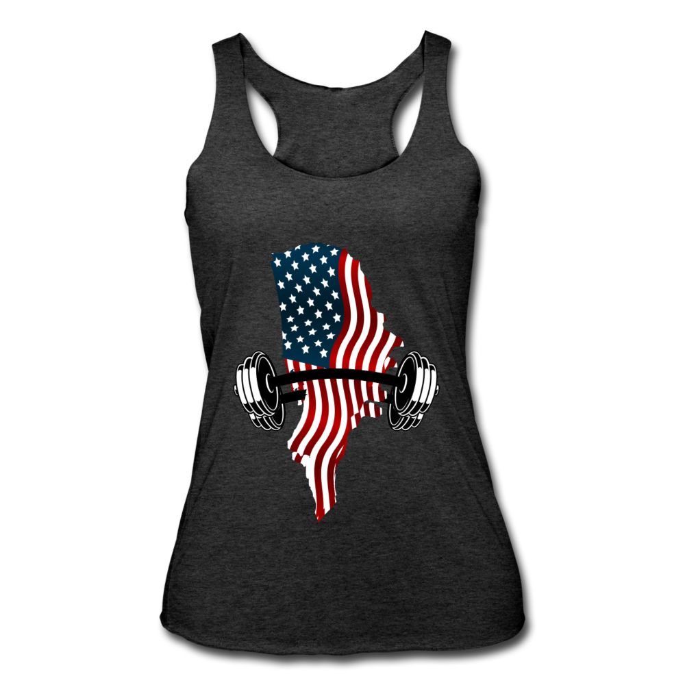 American Flag Dumbbells - Women’s Racerback Tank - heather black