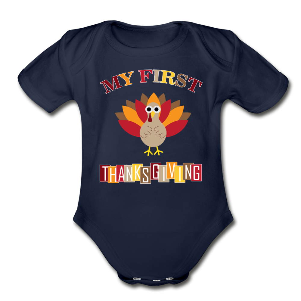 My First ThanksGiving - Organic Short Sleeve Baby Bodysuit - dark navy