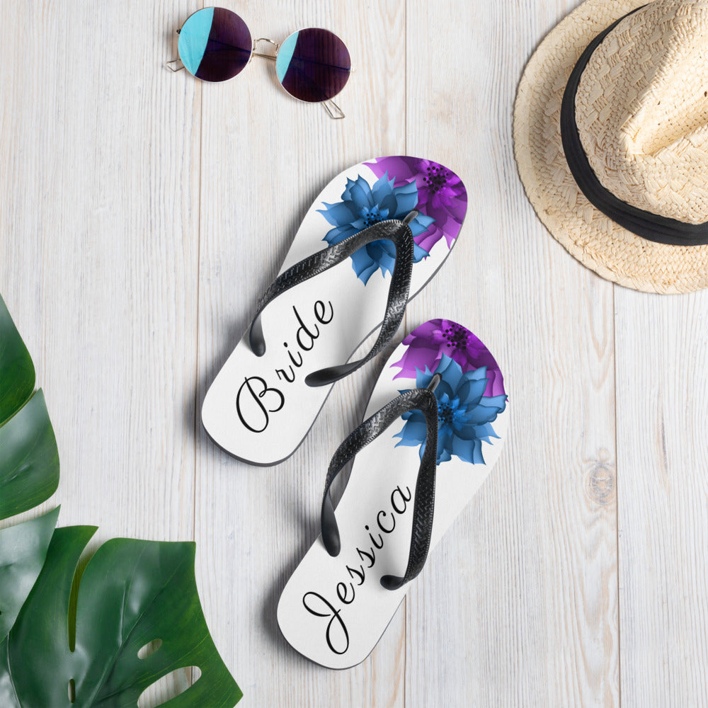 personalized beach wedding flip flops, custom groom bride bridesmaid, just married, bridal party, wedding bachelorette, honeymoon flip flops