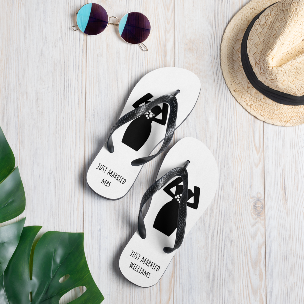 custom beach wedding flip flops, personalized groom bride bridesmaid flip flops, just married, bachelorette wedding, honeymoon flip flops