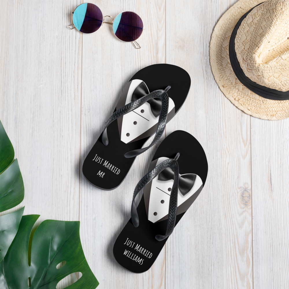 custom beach wedding flip flops, personalized groom bride bridesmaid flip flops, just married, bachelorette wedding, honeymoon flip flops