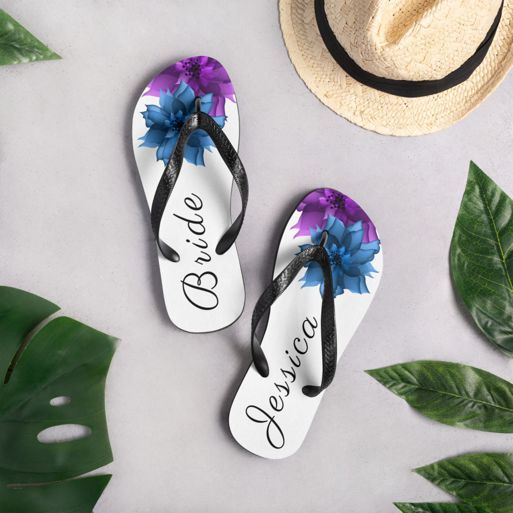 personalized beach wedding flip flops, custom groom bride bridesmaid, just married, bridal party, wedding bachelorette, honeymoon flip flops