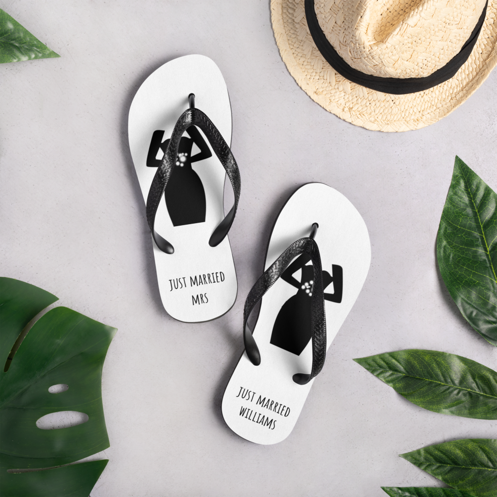 custom beach wedding flip flops, personalized groom bride bridesmaid flip flops, just married, bachelorette wedding, honeymoon flip flops