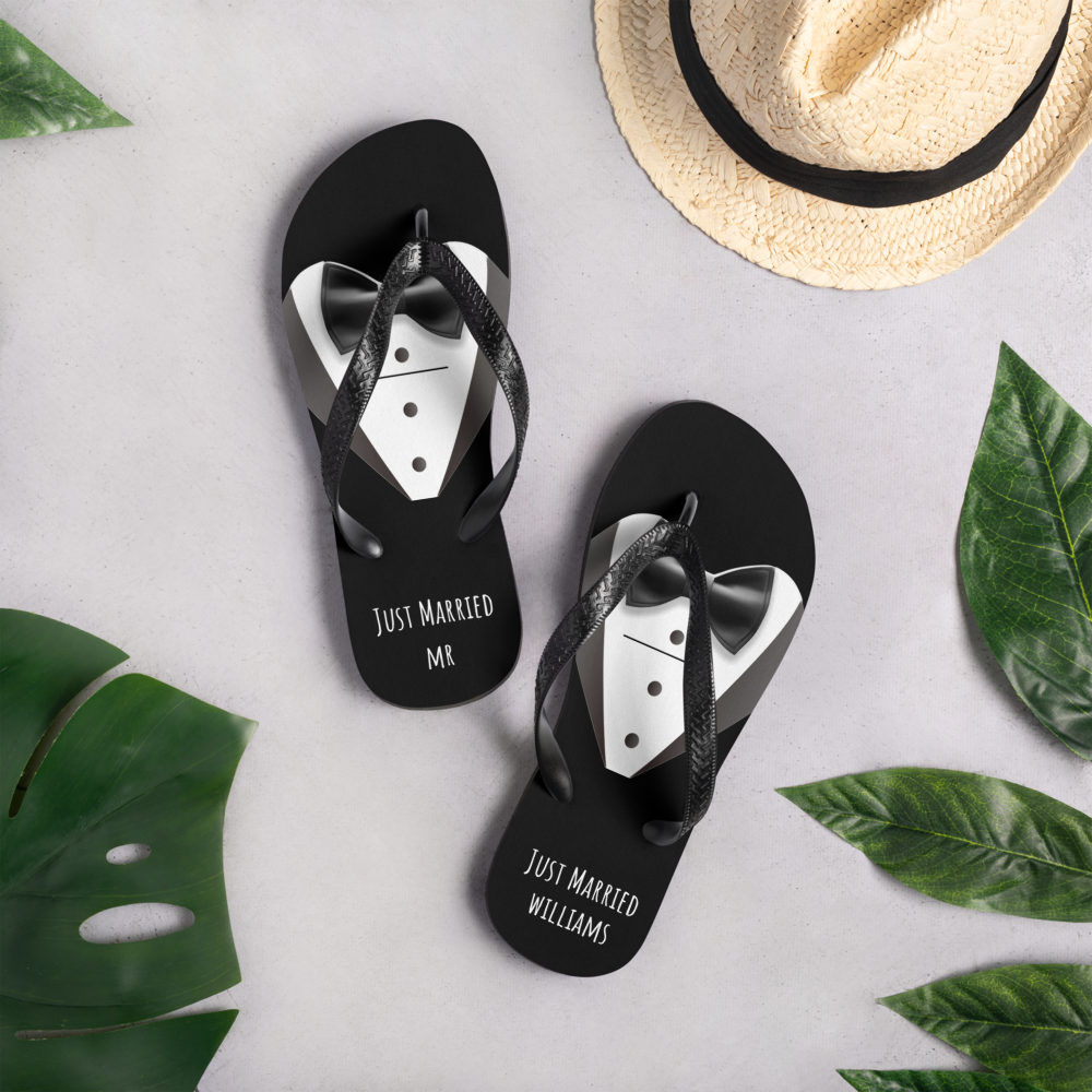 custom beach wedding flip flops, personalized groom bride bridesmaid flip flops, just married, bachelorette wedding, honeymoon flip flops