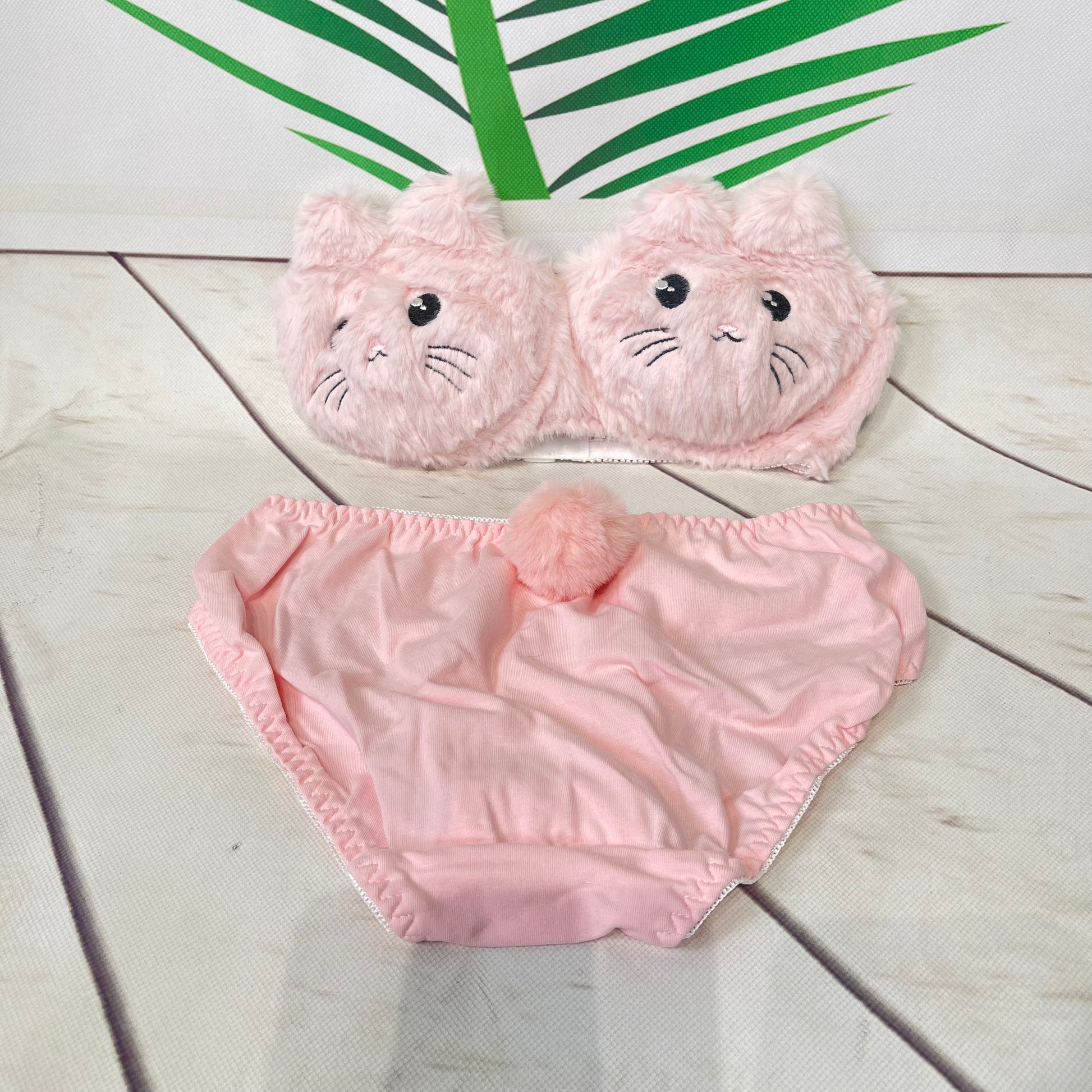 Luxurious Pink Cat Plush Bra Set - Soft and Sexy Women's Underwear