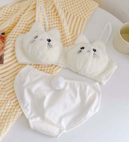 Luxurious White Cat Plush Bra Set - Soft and Sexy Women's