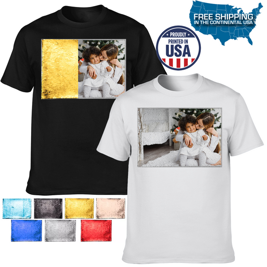Camiseta de mujer de hombre de lentejuelas reversibles personalizadas, camiseta unisex de lentejuelas personalizadas con su imagen y texto, regalo de cumpleaños, camisa de parejas familiares, regalo del día del padre, regalo de mordaza 