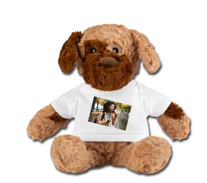 personalized brown teddy dog, custom teddy bear, printed with personal image or text, welcoming baby gift, gift for her, gift for newborn