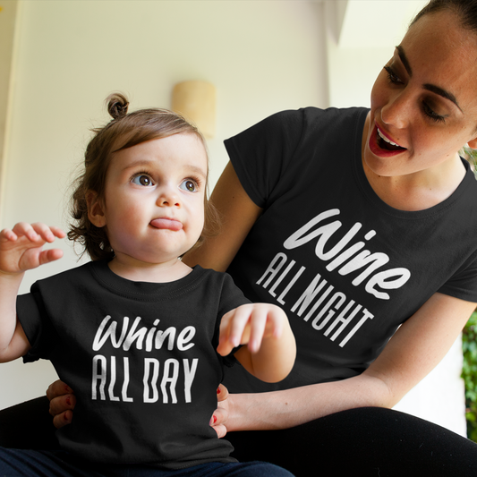 Wine All Night Whine All Day Mamá y bebé Camisas a juego Body, Mamá Hija Hijo Camiseta a juego, Regalo del día de la madre, Regalo de la ducha del bebé