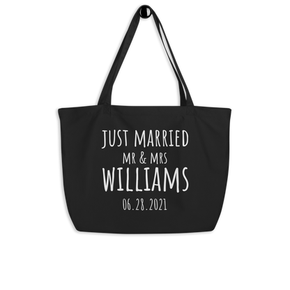 Just Married Personalized Canvas Beach Tote Bag, Custom Vacation Newlyweds Tote Bag, Bridesmaid Gift, Pool Tote Bag