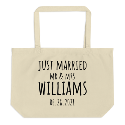Just Married Personalized Canvas Beach Tote Bag, Custom Vacation Newlyweds Tote Bag, Bridesmaid Gift, Pool Tote Bag
