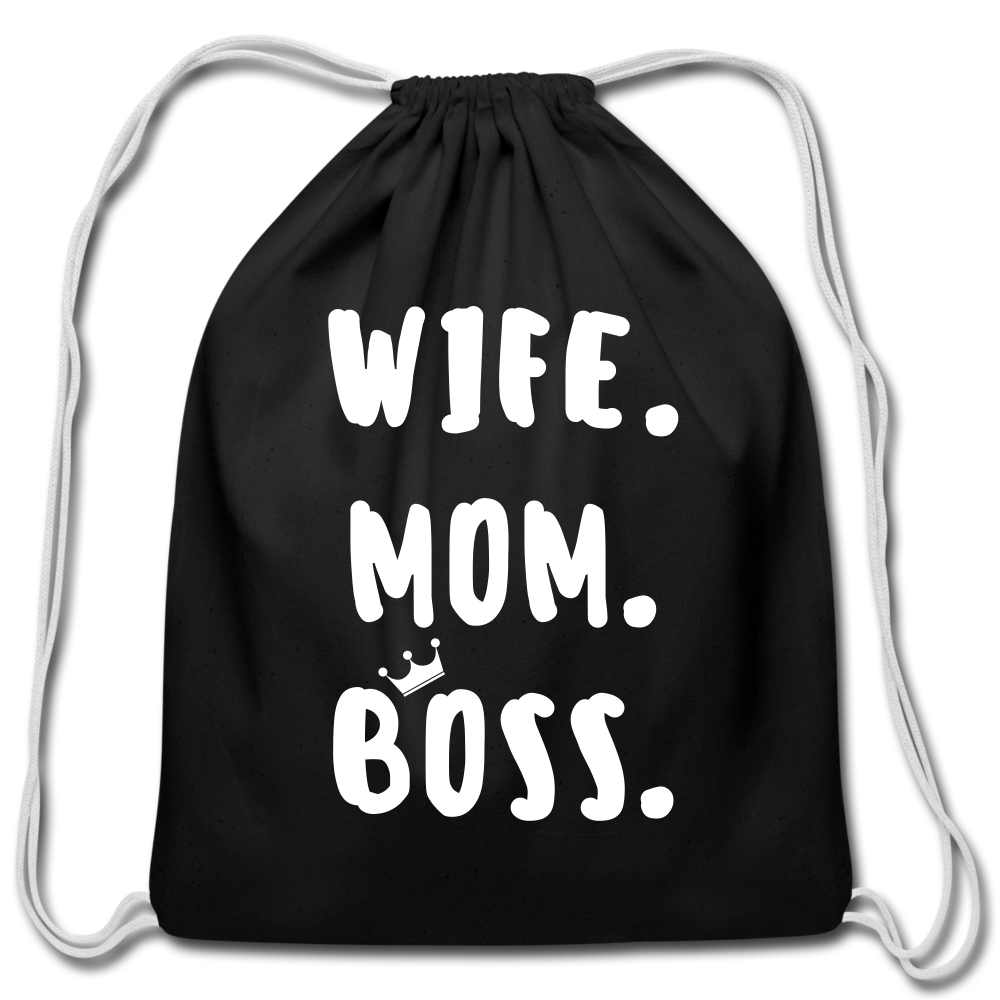 Wife Mom Boss Cotton Drawstring Bag - black