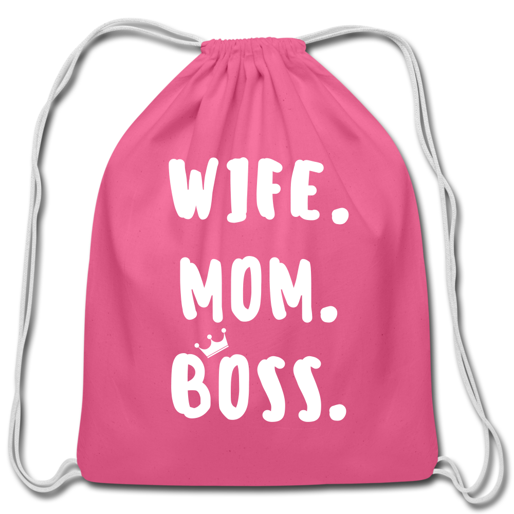 Wife Mom Boss Cotton Drawstring Bag - pink