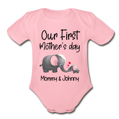 Our First Mothers Day - Organic Short Sleeve Baby Bodysuit - light pink