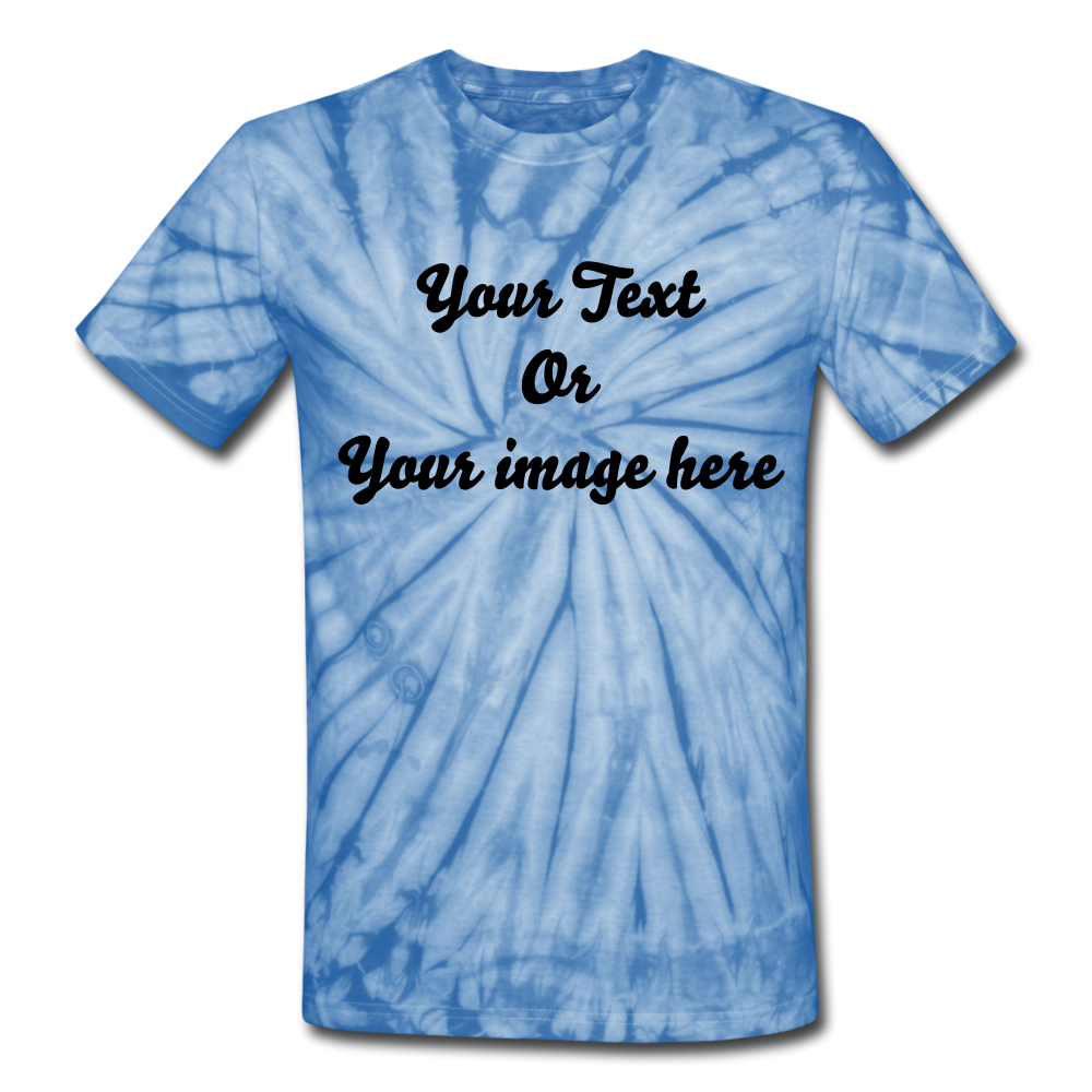 Personalized Tie Dye Unisex T-Shirt, Custom Your Own Text, Custom Tie Dye Tee, Birthday, Bachelorette, Bridesmaid, Bride Tribe, Squad Shirt - spider baby blue