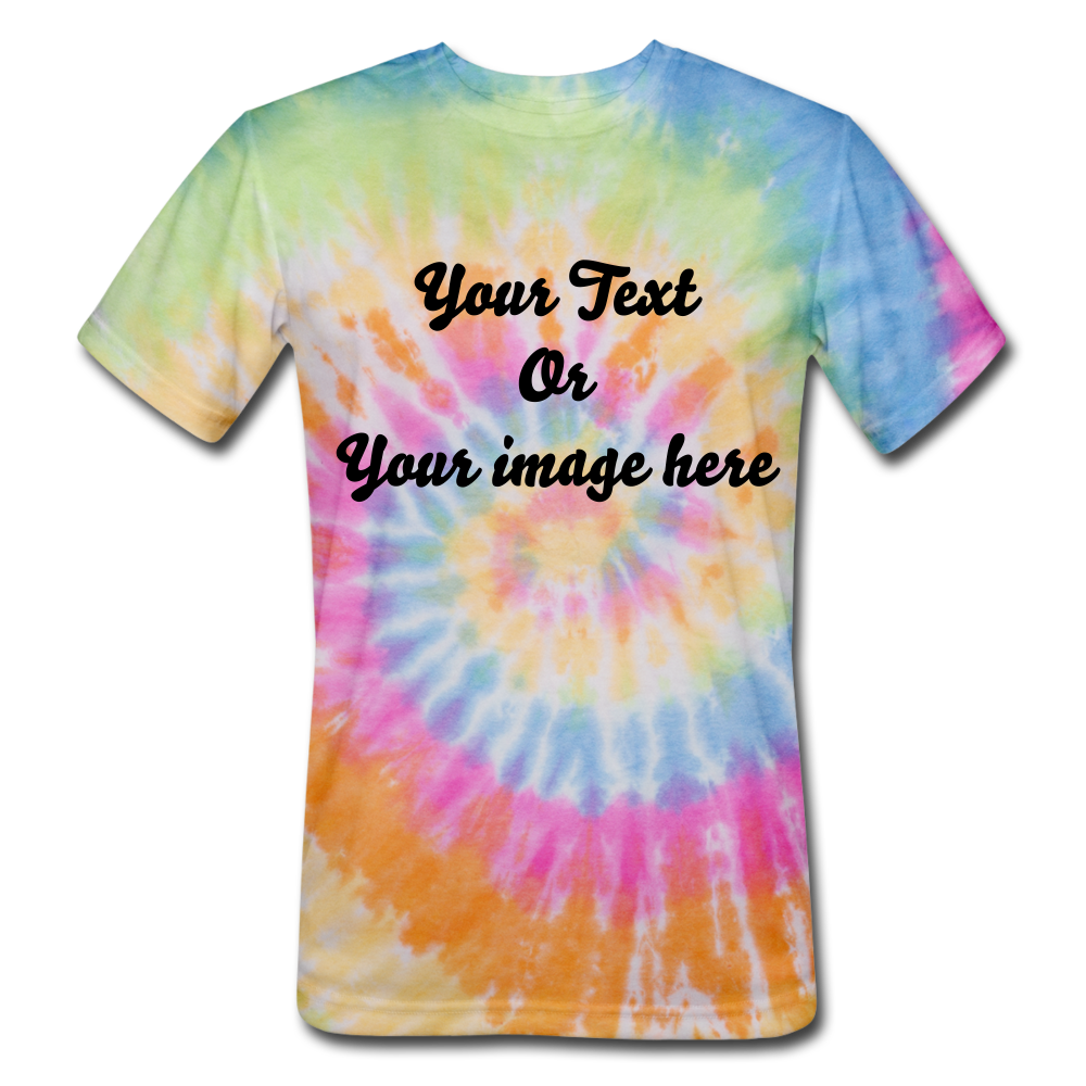 Personalized Tie Dye Unisex T-Shirt, Custom Your Own Text, Custom Tie Dye Tee, Birthday, Bachelorette, Bridesmaid, Bride Tribe, Squad Shirt - rainbow