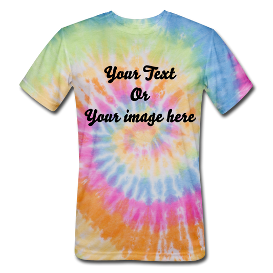 Personalized Tie Dye Unisex T-Shirt, Custom Your Own Text, Custom Tie Dye Tee, Birthday, Bachelorette, Bridesmaid, Bride Tribe, Squad Shirt - rainbow