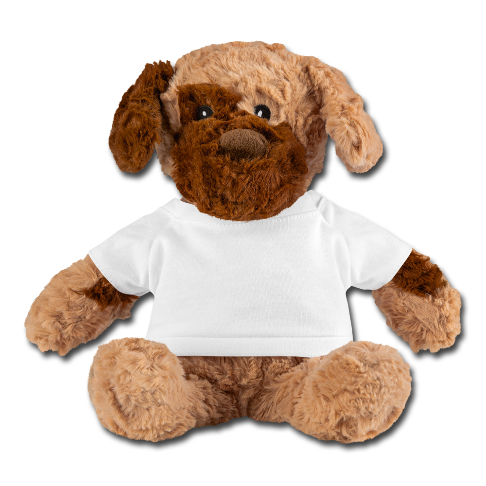 personalized brown teddy dog, custom teddy bear, printed with personal image or text, welcoming baby gift, gift for her, gift for newborn white