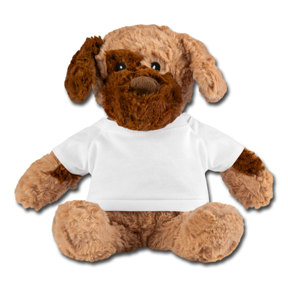 personalized brown teddy dog, custom teddy bear, printed with personal image or text, welcoming baby gift, gift for her, gift for newborn white