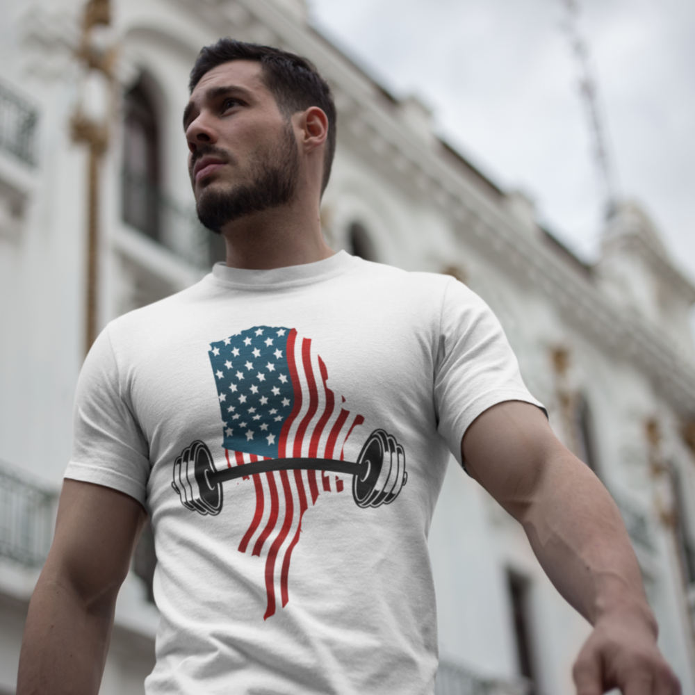 American Flag Dumbbells Fitness Gym Shirt, Lift Heavy Tee, Weight Lifting Tee - Trendy Workout Shirt, Motivation Workout Shirt