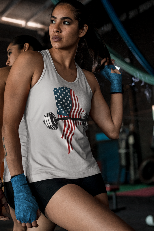 Mancuernas con la bandera estadounidense - Camiseta sin mangas con espalda cruzada para mujer