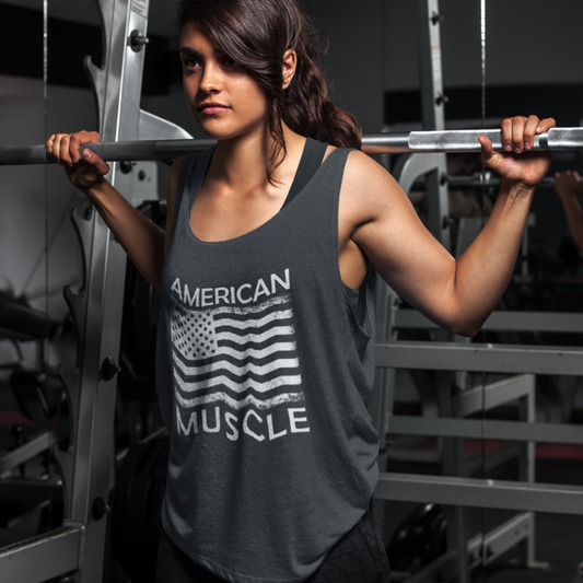 American Muscle Flag - Camiseta sin mangas de tres mezclas con espalda cruzada para mujer